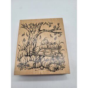 Northwoods Wood Mounted Rubber Stamp 2005 Autumn Harvest Pumpkin Fall Scene